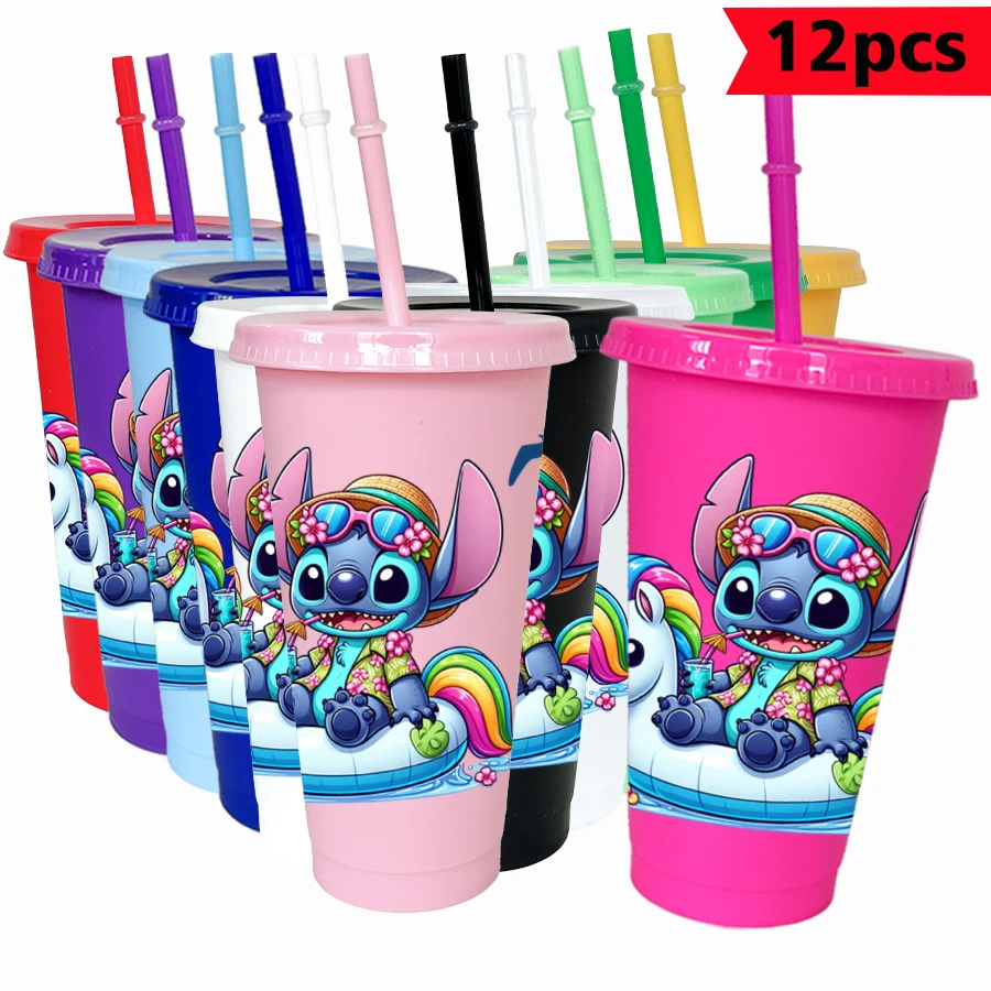 12 unids/lote Disney Stitch unicornio 26oz vaso de plástico colorido bebida para fiesta de cumpleaños tazas de café y jugo