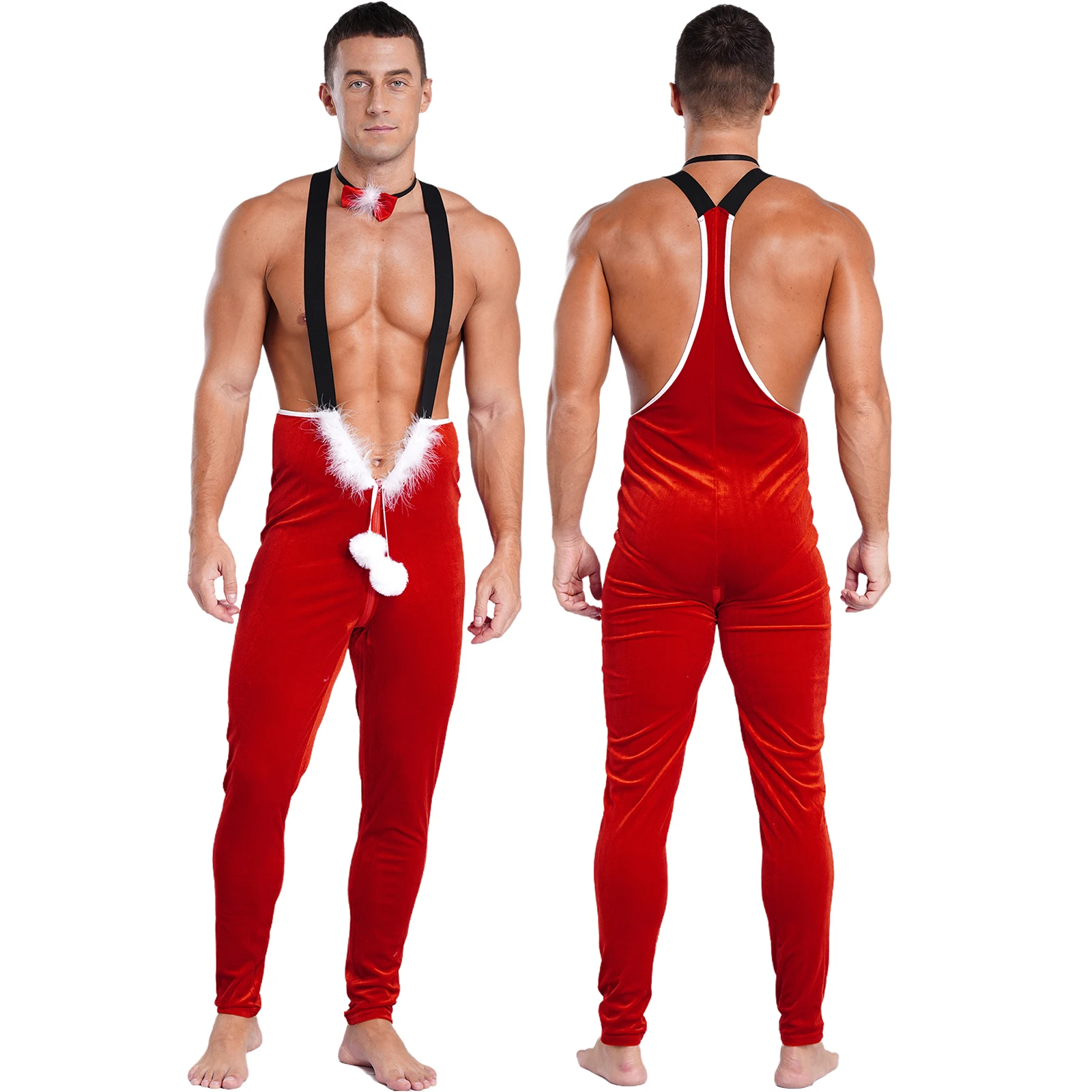 ผู้ชายกํามะหยี่นุ่ม Mr Santa Claus Suspender Jumpsuit พร้อมสายคล้องคอ Bowknot สําหรับคริสต์มาส COSPLAY STAGE Performance