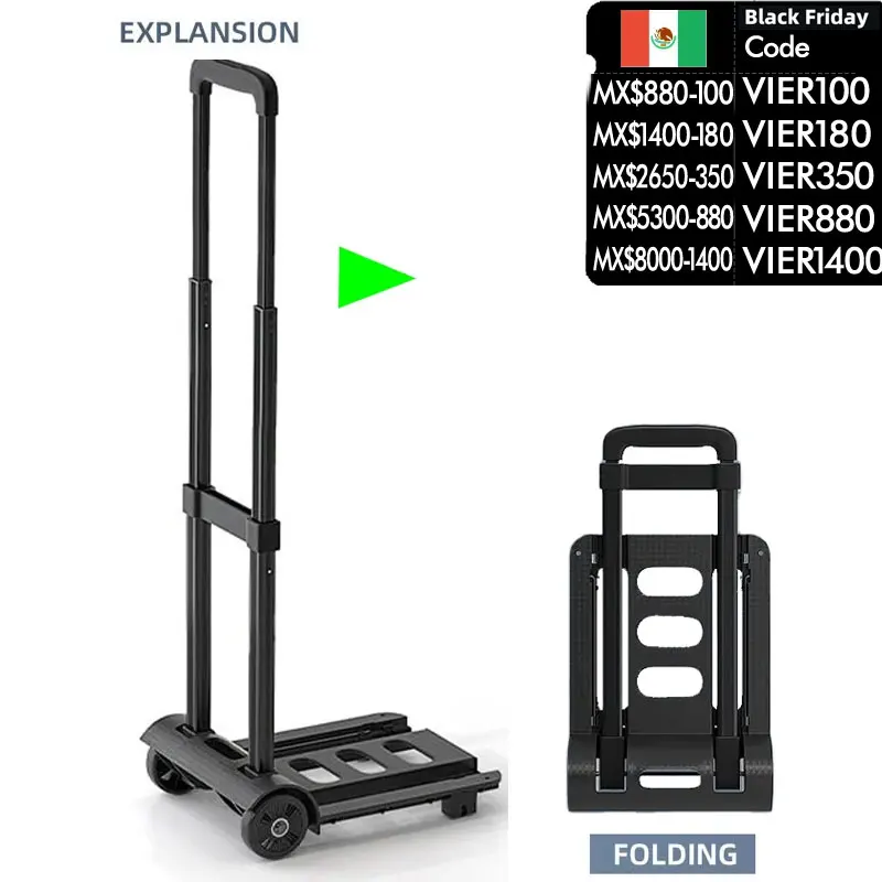 Carrito de equipaje plegable portátil para compras y entrega con asas y varilla de tracción