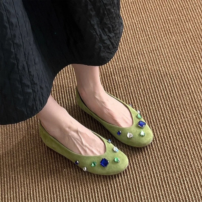 

Luxury Colorful Gemstone Women Flats Suede Loafers Rhinestone Round Toe Comfortable Casual Women Flat Shoes Shallow Loafers