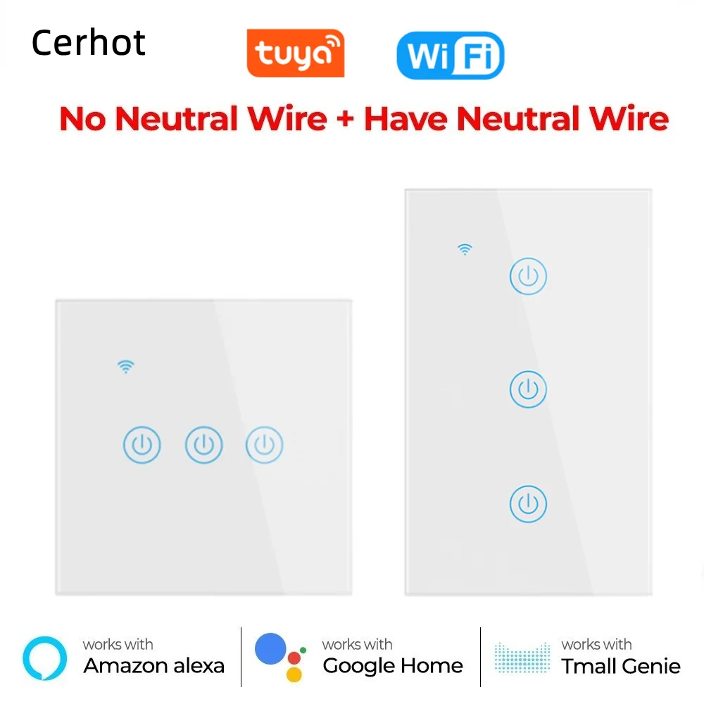 

Умный выключатель LiLigood Tuya без нейтрального провода, Wi-Fi переключатель на 1/2/3/4 клавиши, RF433, настенный выключатель с дистанционным управление...