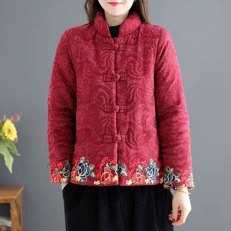 Winter National Style Embroidery Thicken Short Coat Women Chinese Style Vintage Loose Padded Jacket Female Tradition Tang Suit