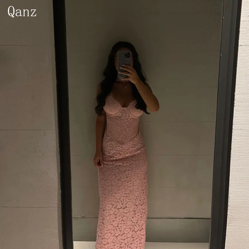 

Qanz Elegant Pink Prom Dresses Lace Appliques Sweetheart Mermaid Formal Evening Dress Corset Back Robes De Soirée Customized