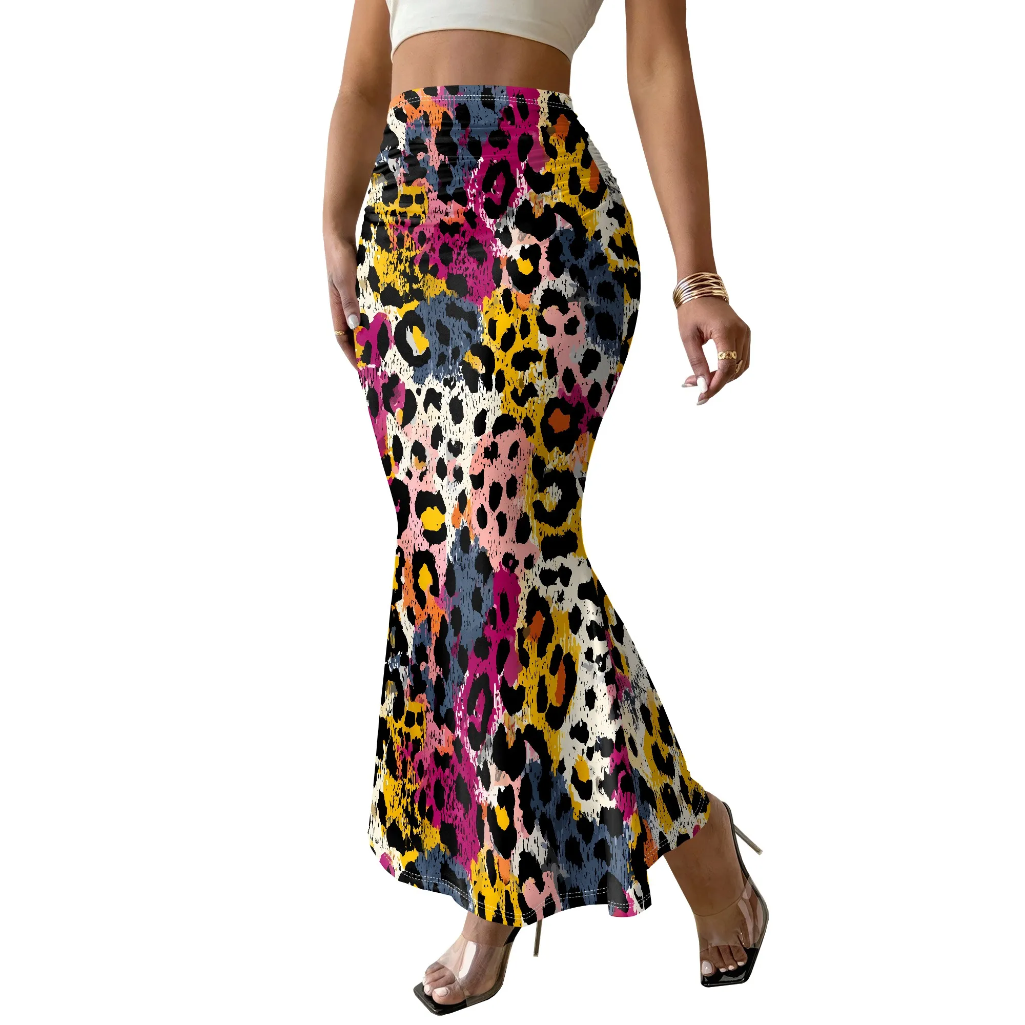 Vibrant Leopard Print Maxi Skirt, High Waist Mermaid Hem, Women's Fashion Bottoms for Party Clubwear, S-3XL