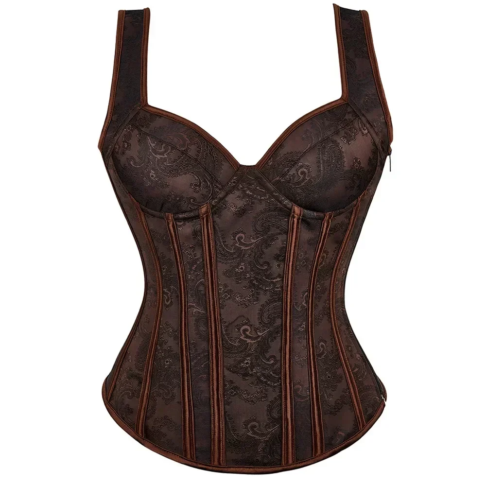 Corset Top With Shoulder Straps Sexy Bustier Zipper Brocade Vest Lingerie Plus Size Gothic For Women Outfit Burlesque Medieval