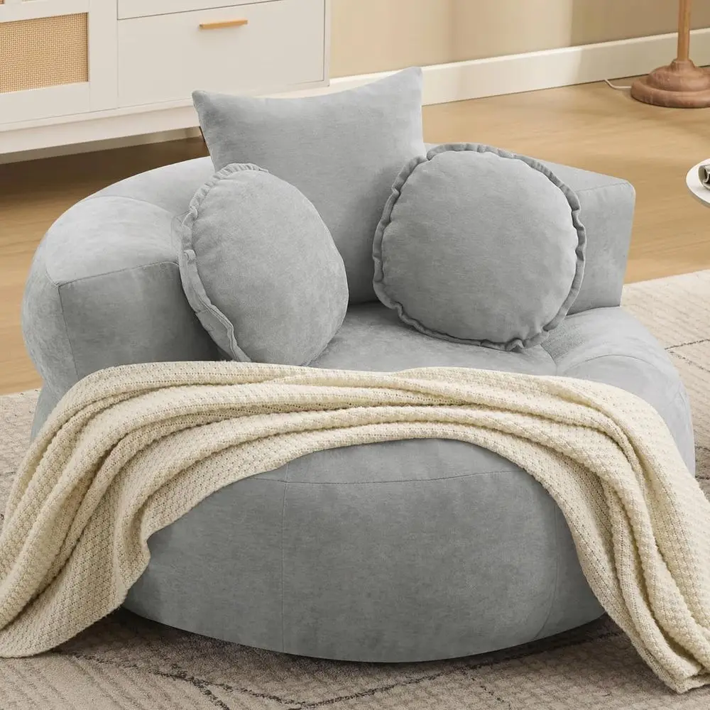Oversized Sofa Floor Chair, Chenille Fabric Circle Chaise Lounge, Ready-to-Use Barrel Chairs, Lazy Bean Bag Couch, Accent Chair