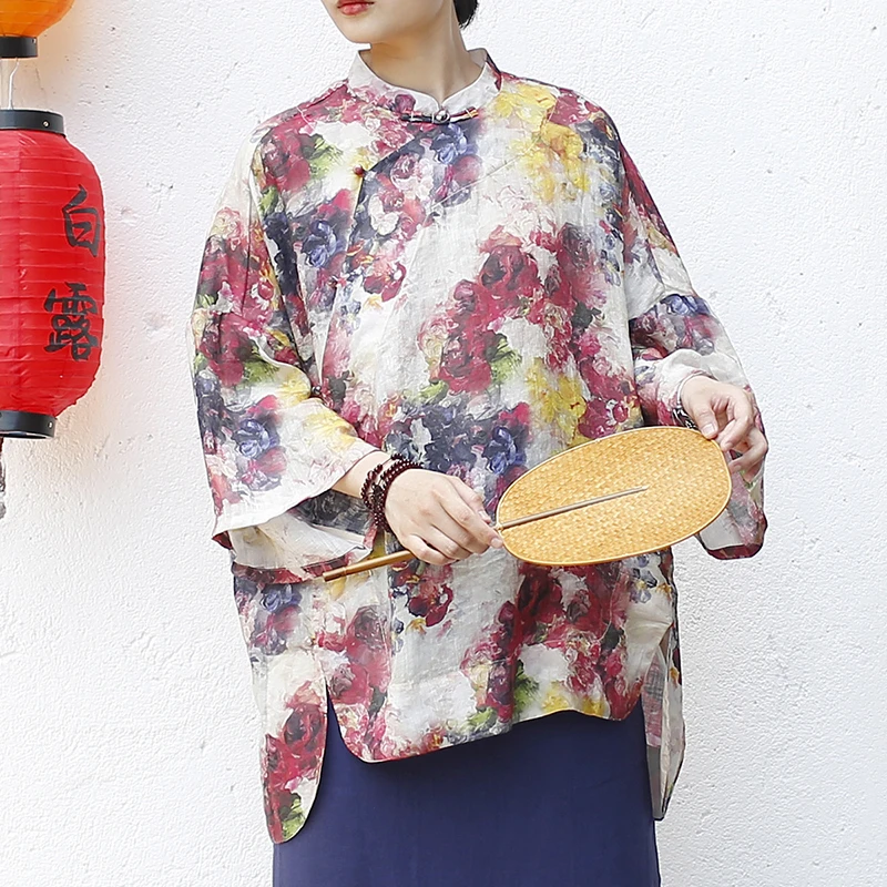 Camicia casual da donna in stile cinese Nuovo arrivo 2025 Estate Vintage Stampa floreale Allentato Comodo top in lino femminile Camicie M1784