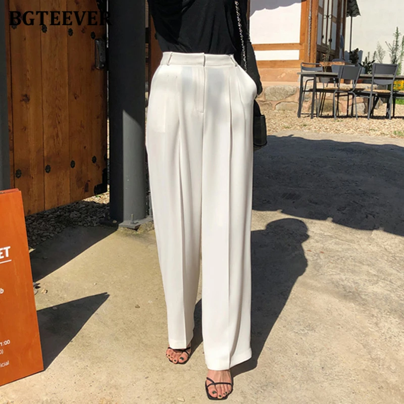 BGTEEVER Stylish Loose Pockets Female Wide Leg Pants Elegant High Waist Floor-Length Straight Women Trousers