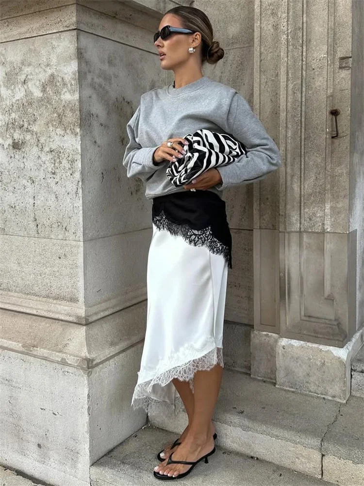 Tossy White Lace Patchwork Long Skirt For Women Slim High Waist Elegant Commute Printed Party Looks Clothes Female Maxi Skirts