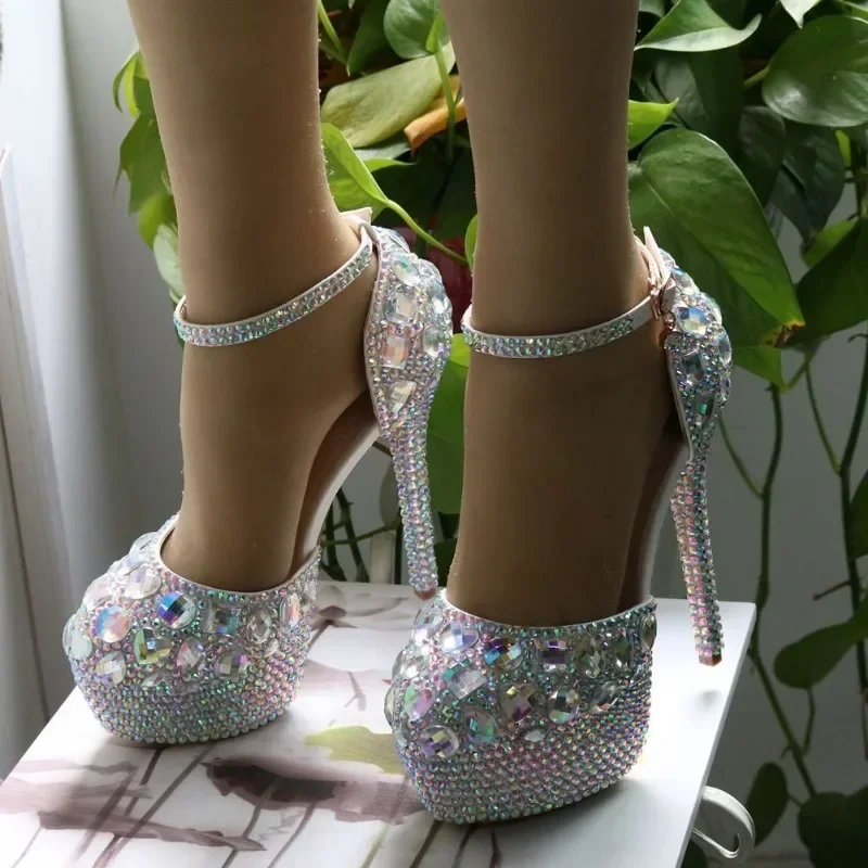 Sandálias de strass de toe redondo para mulheres, fivela, PU, saltos finos, festa, baile, prateado, moda, escritório, carreira, 14cm, 2023