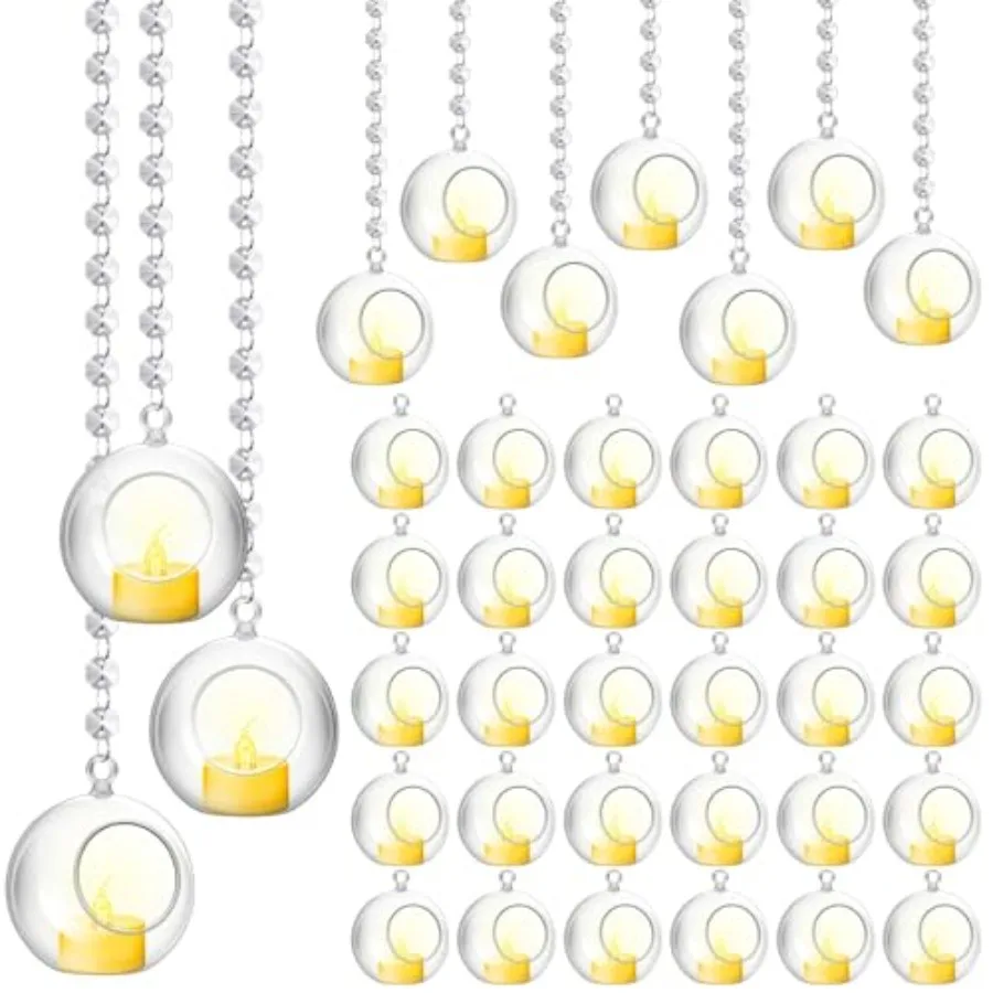 

100 Pcs Hanging Candle Holder Glass Globes Orbs with Crystal Acrylic Gems Bead Garland Tea Lights Candles Holder for Wedding Pa