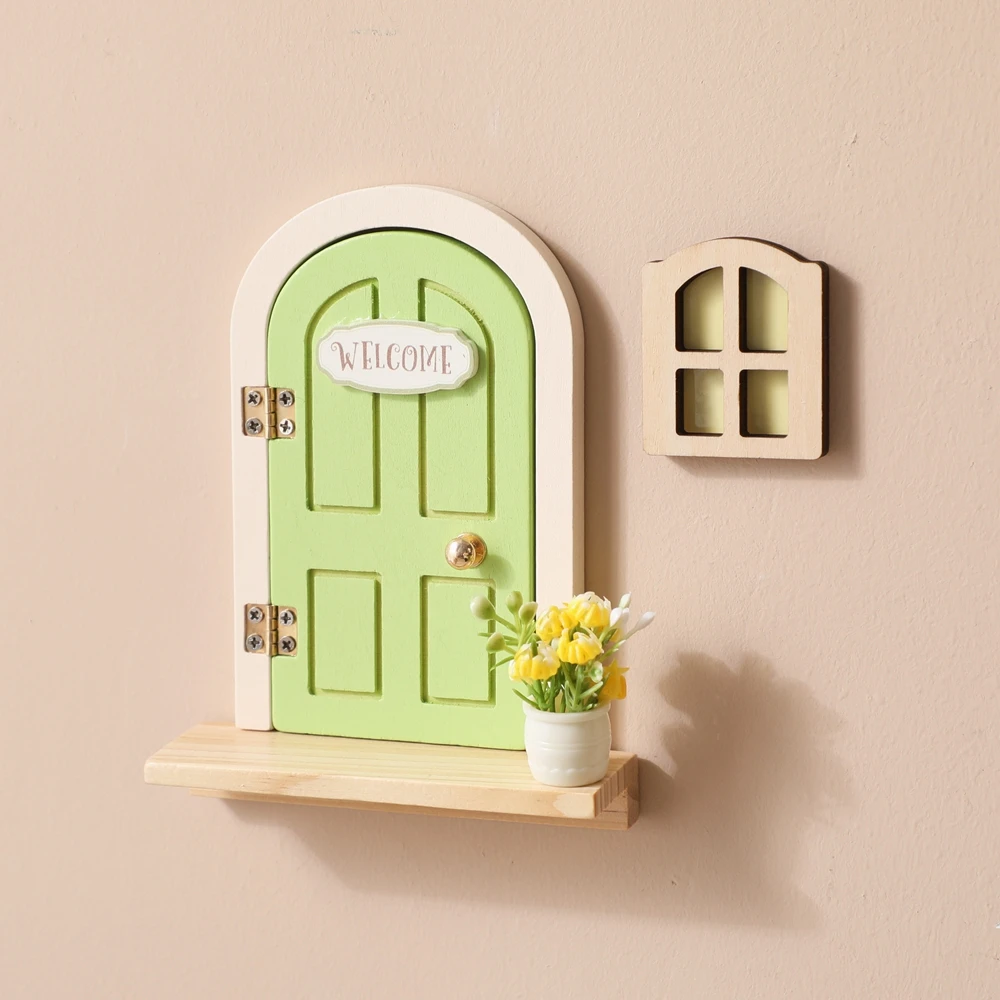 

Fairy Garden Door Decor Set – Glow in The Dark Mini Window & Door with Artificial Flowers, Wooden Base, Water-Based Paint