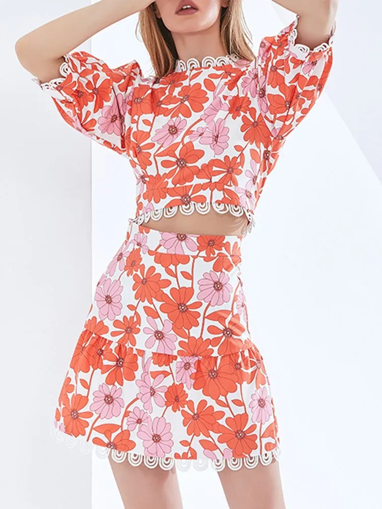 KBQ Printing Two Piece Sets For Women Stand Collar Short Sleeve Tops High Waist A Line Mini Skirt Casual Set Female Summer New