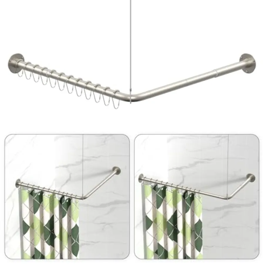 

L Shaped Shower Curtain Rods, Adjustable 23''-69'' X 23''-69'' Corner Shower Rod with 12 Shower Curtain Rings, All 304 Stainles