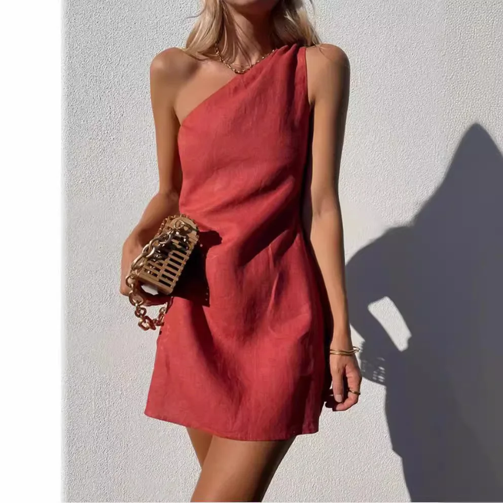 Solid One-Shoulder Midi Dress Women's Slim Commuter Casual