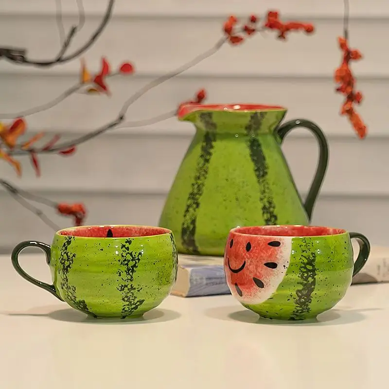 Creative Hand-painted Watermelon Ceramic Mug Set, Cute 3D Fruit Coffee Cup & Pitcher, Summer Theme Drinkware