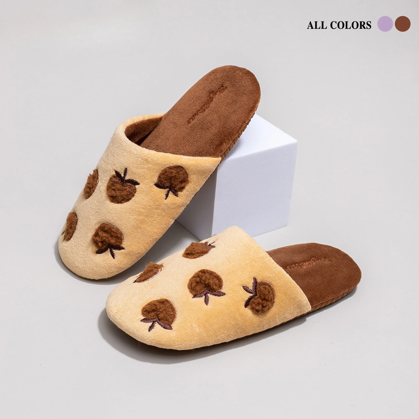 

Зимние домашние тапочки унисекс с меховой подкладкой, на толстой подошве, теплые, с вышивкой в виде яблока, высококачественные, уютные