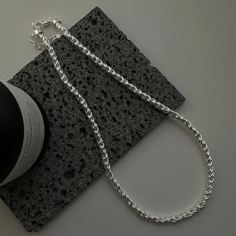 

S925 Sterling Silver Fried Dough Twists Heavy Industry Original Single Necklace Simple Vintage Personalized Collar Chain
