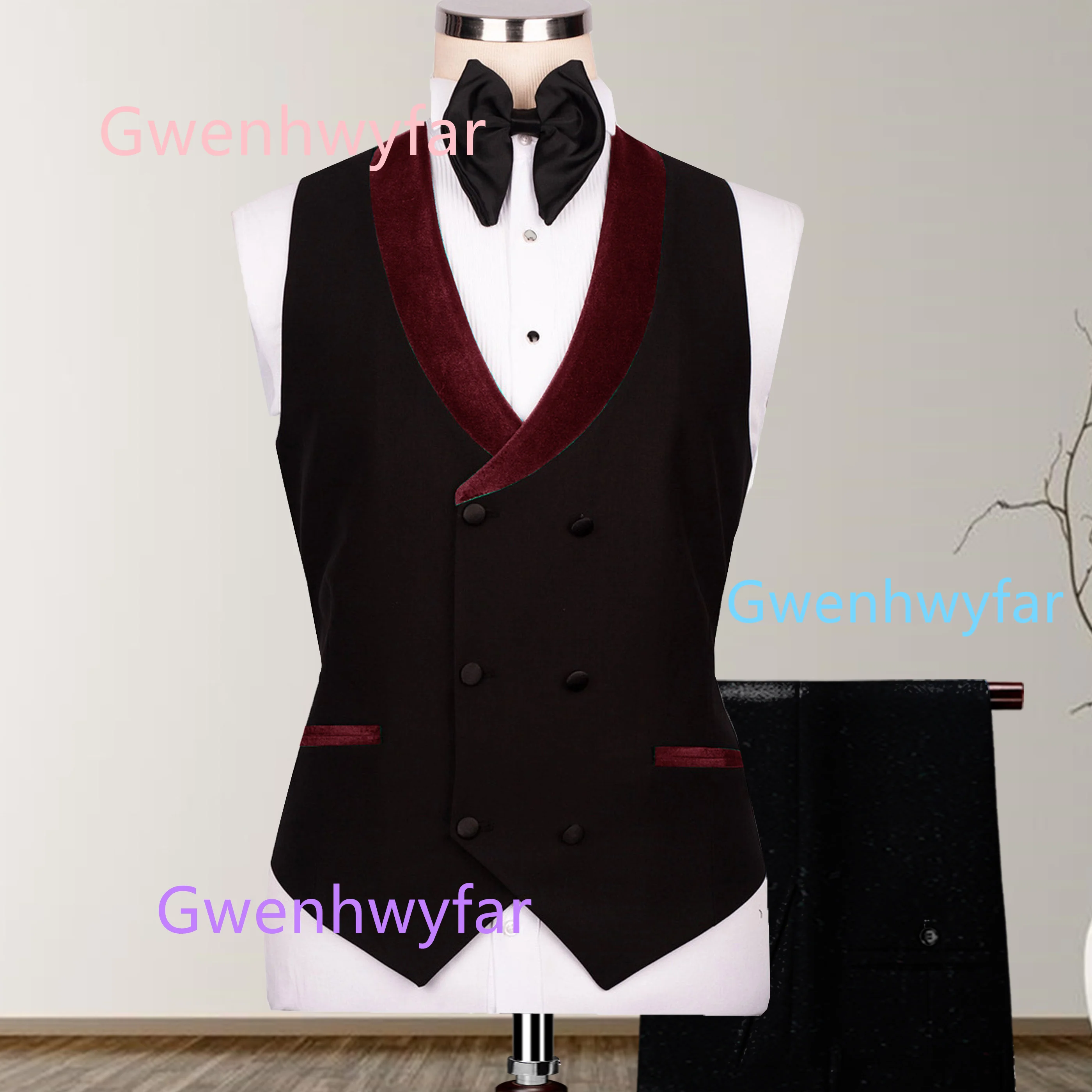 G&N Burgundy Velvet Suit Tuxedos Men's Wedding Set 2027 Customized One Button Jacket Double Breasted Vest Slim Pants Party Suits