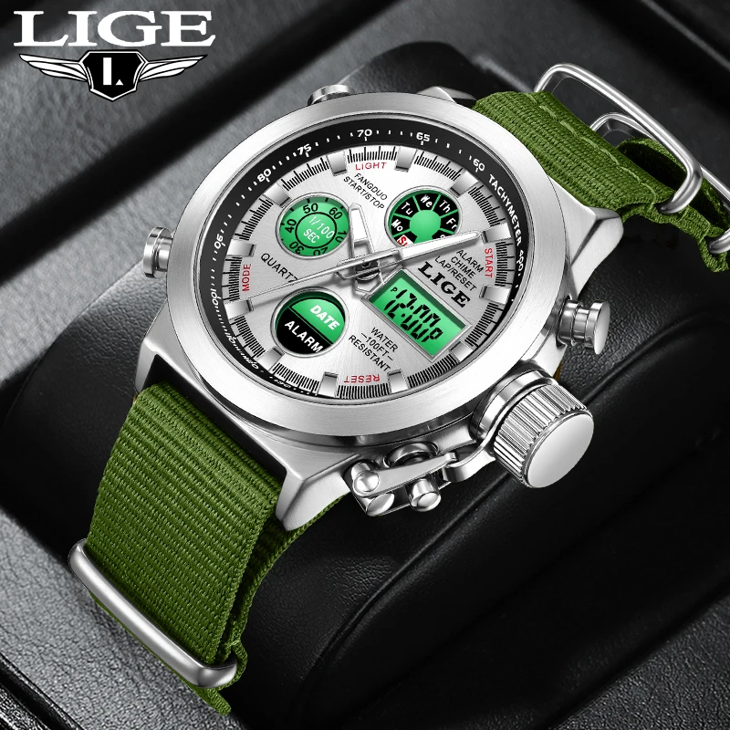 

New Fashion LIGE Outdoor Casual Quartz Electronic Man Watch Sports Auto Date Nylon Band Stopwatch Alarm Waterproof Watches Male