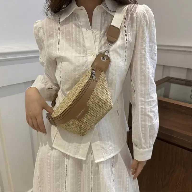 2024 Korean Style Casual Waist Packs Fashion Small Straw Bag Womens Waist Bag Large Capacity Beach Crossbody Bag for Men