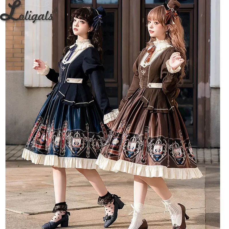 Sweet Preppy Style Lolita Dress Long Sleeve Printed Casual Dress - Chocolate School