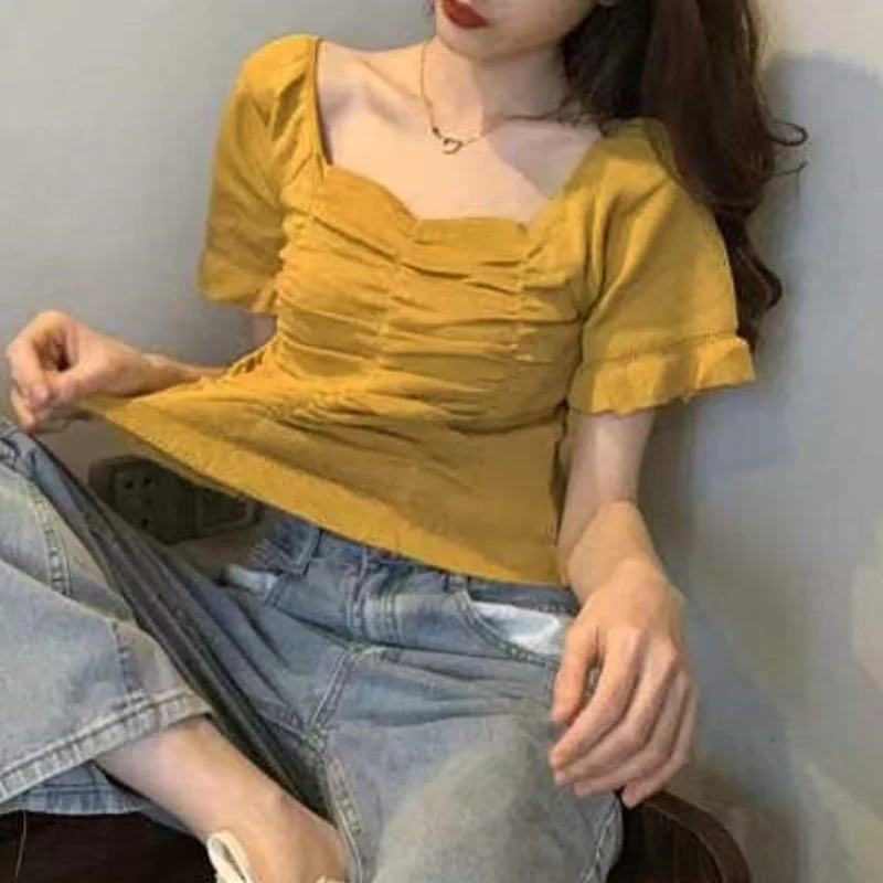 Women Square Neck Crop Top Elegant Sweet Knit T-Shirt Ruffle Hollow Slim Short Sleeve Multicolor All-Match Office Lady's Blouses