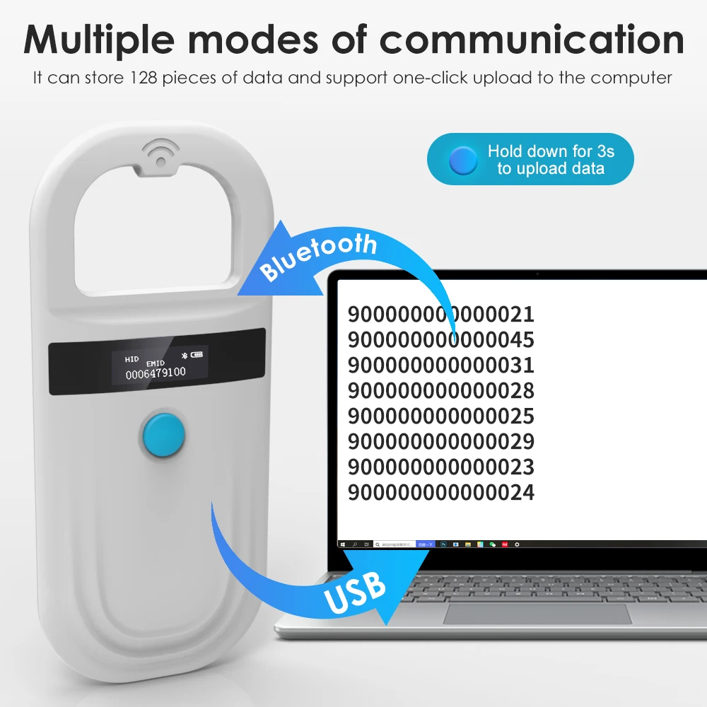 Imagem -03 - Leitor Rfid Handheld Animal com Tags Pet Cat Dog Microchip Scanner Chip de Vidro Usb Bluetooth Tag Fdx-b 134.2khz 125khz