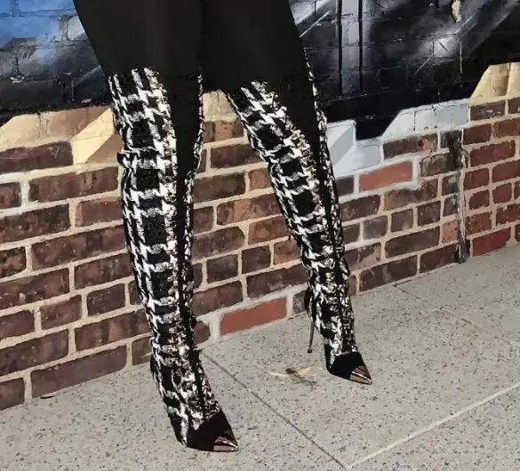 Sexy Women\'s Black White Plaid Gold Metal Pointed Toe Cross Tied Gladiator Turned Over Edge Thin Heels Over The Knee Thigh Boots