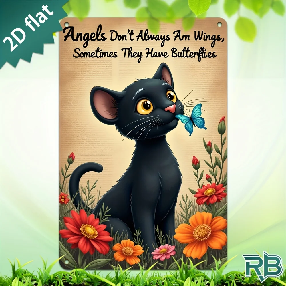 New Trendy HD Metal Wall Art - Vintage Rustic 2D Flat Design Featuring a Heartwarming Scene of a Cute Black Kitten with Big Yell