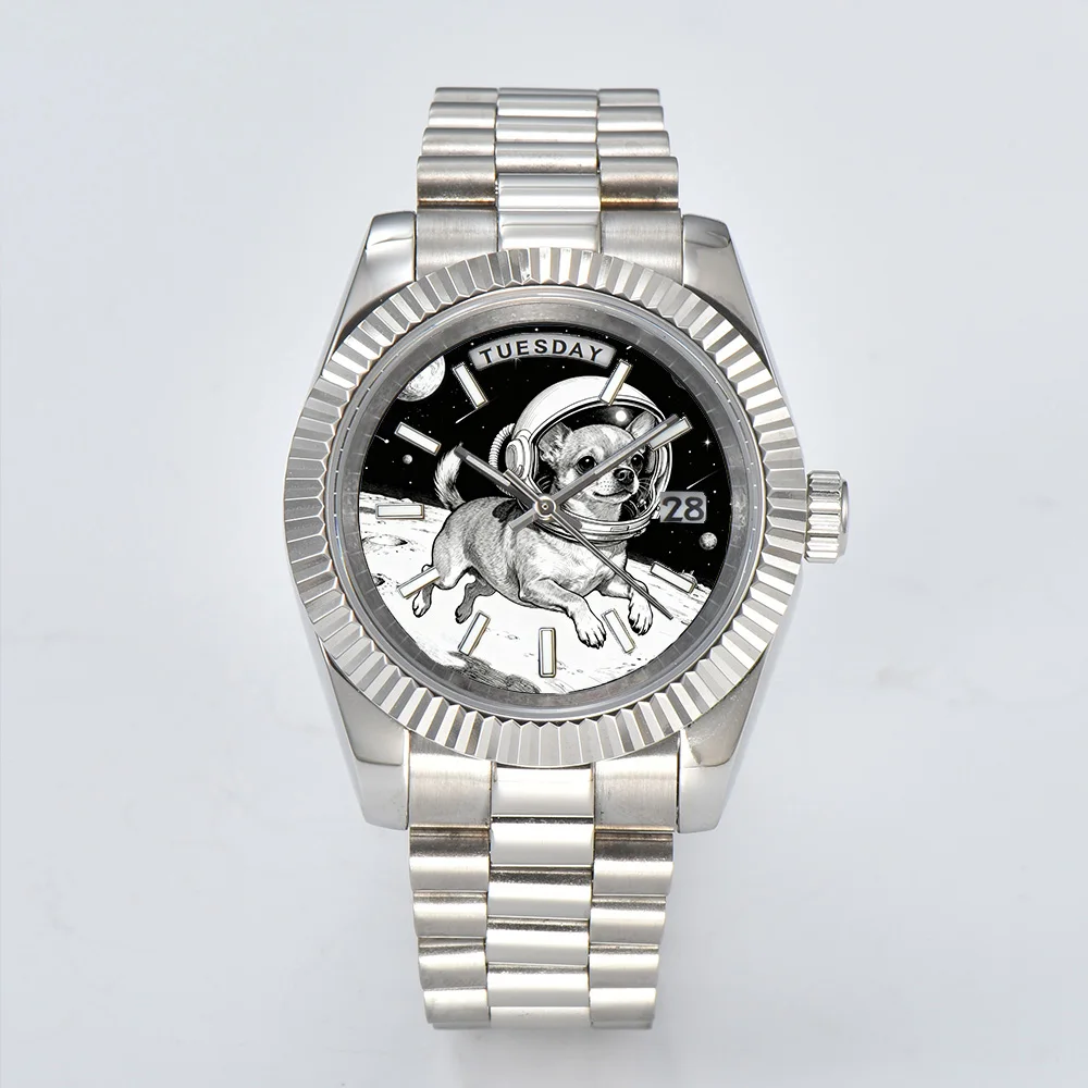 Креативные мужские часы 40 мм/36 мм, часы Miyota 8285, синие светящиеся автоматические механические часы с цветным принтом, котенок, щенок, космонавт