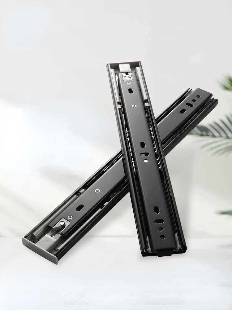 Heavy-Duty Soft-Close Drawer Slides - Automatic Three-Section Black Drawer Glide Tracks with Silent Rebound Mechanism