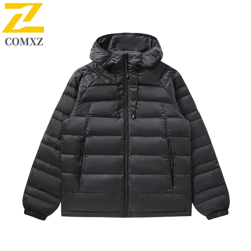 Men White Duck Down Lightweight Stand Collar Hooded Warm Winter Hiking Travel Winter Jacket Skiing Windproof Short Down Jacket
