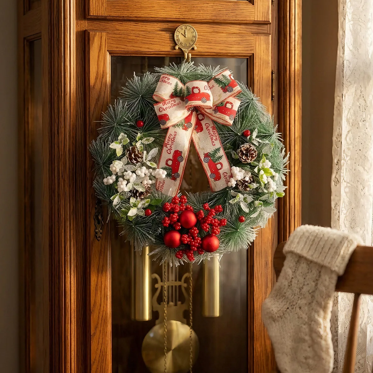 Christmas Garland Sprinkle Snow Pine Needles Berries Bow Christmas Decoration Artificial Wreath HomeDoor Hanging Window Display