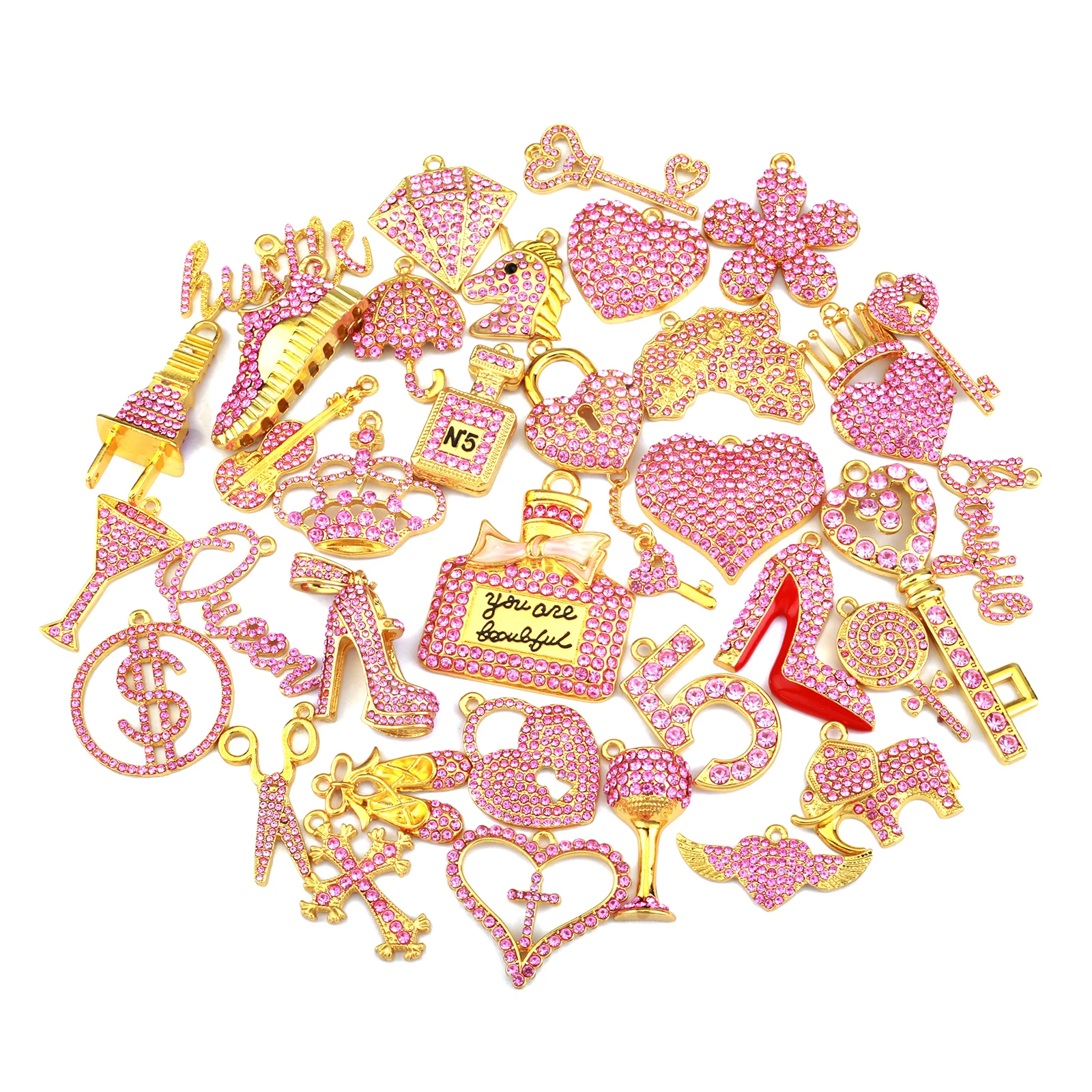 35pcs Colorful Rhinestone Gold Plated Mixed Girl Charms Picked at Random Fit for Women\'s DIY Jewelry Accessories
