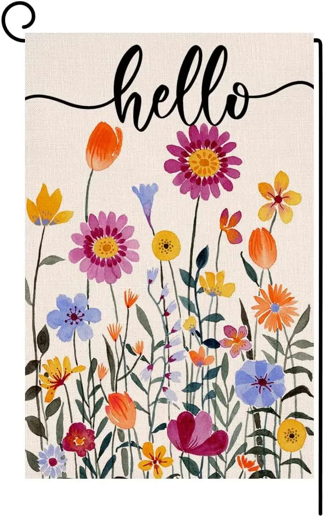 Hello Spring Floral Garden Flag 12x18 Vertical Double Sided Colorful Flowers Summer Farmhouse Holiday Outside Decorations Burlap