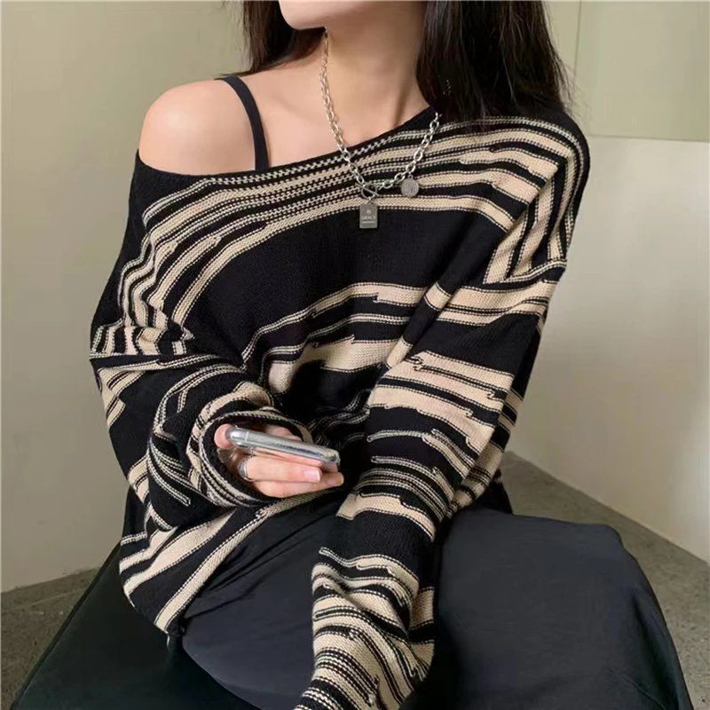 Gothic Striped Women Knitting Sweater Y2K Fashion Streetwear Patchwork Punk Pullover Female Loose Long Sleeve O Neck Jumpers