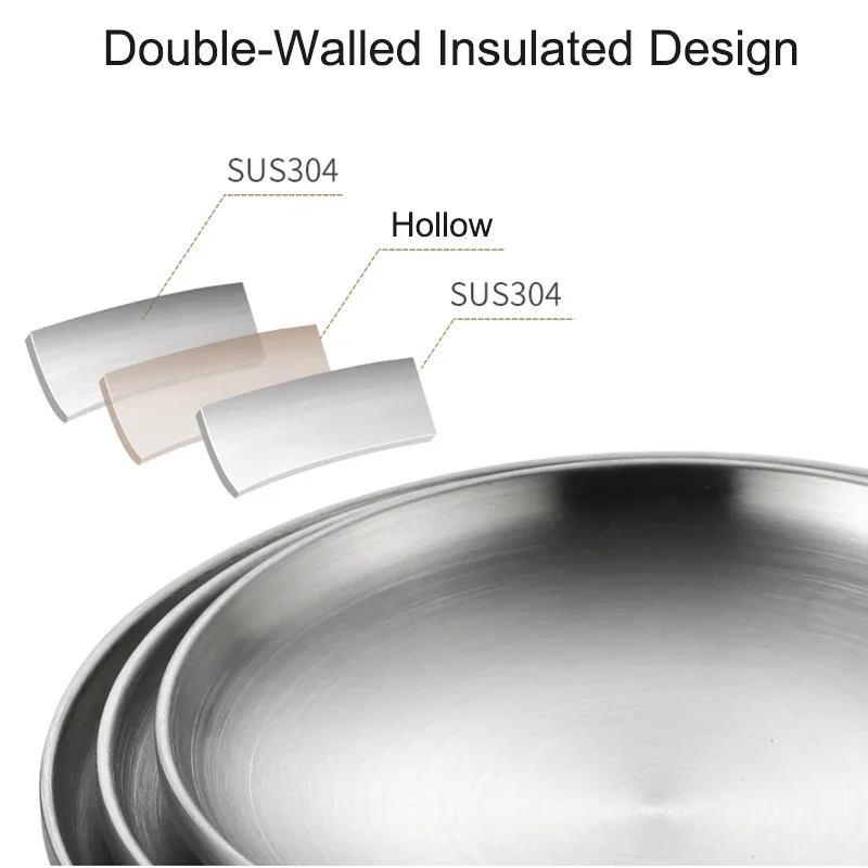 304 Stainless Steel Round Plate, Double-Walled Insulated Dinner Plate, Plates for Snack, Dishes and Fruit