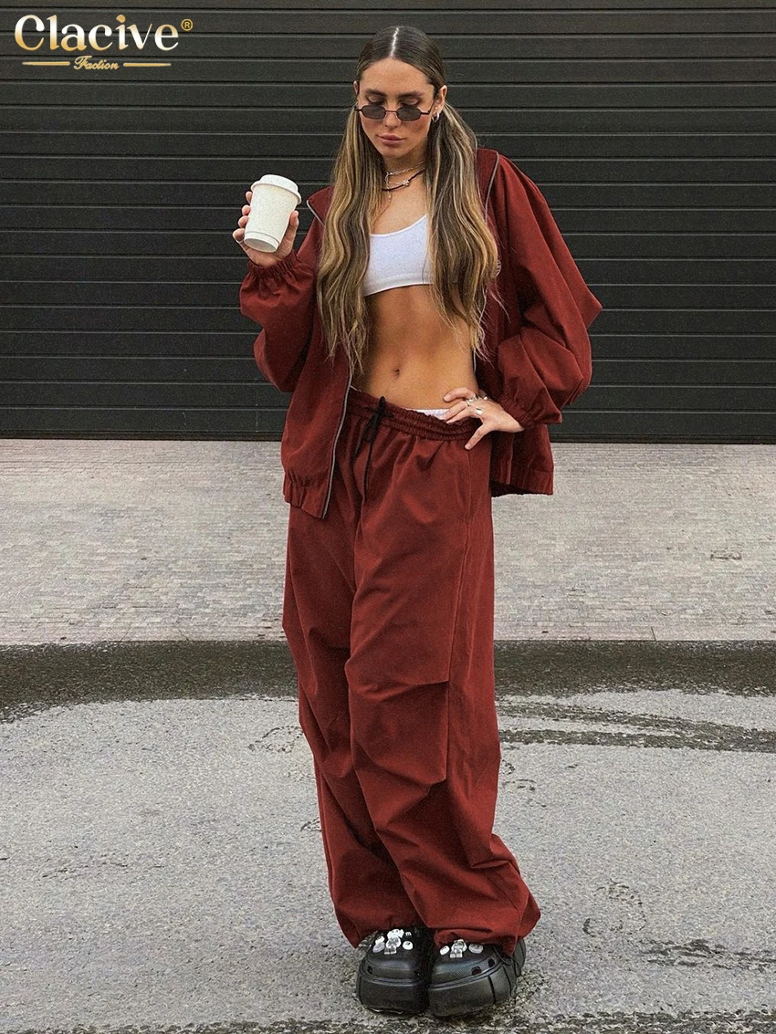 Clacive Fashion Loose Red Trousers Sets For Women 2 Pieces 2024 Elegant Long Sleeve Shirt With Mid Waist Wide Trousers Suits