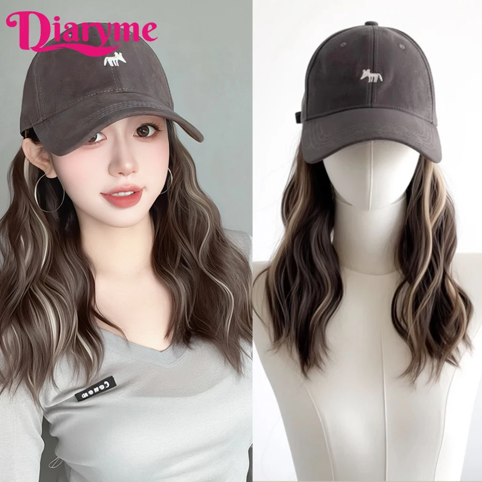 One-piece Cap wig Synthetic Short Water Wavy Wigs With Baseball Hat Brown Highlights Blonde Hair Connet adjustable Baseball cap