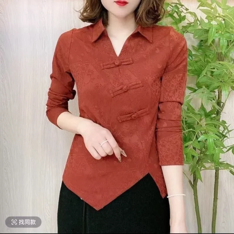 

Autumn Winter Chinese Style Buckles Integrated Thin Velvet Slit Base Retro Jacquard Shirt Top