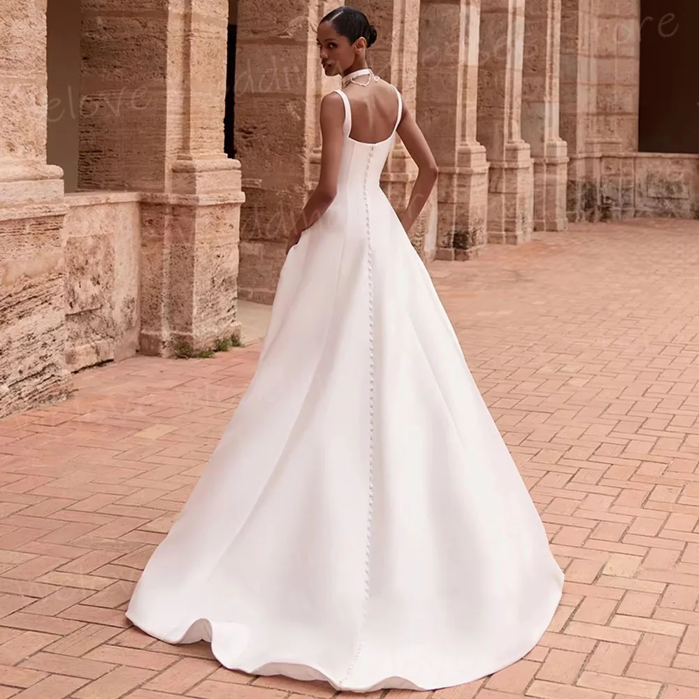 Simple A Line Women's Spaghetti Strap Sleeveless Satin Wedding Dresses Robe De Mariée Customized Bride Gowns Vestido De Novia