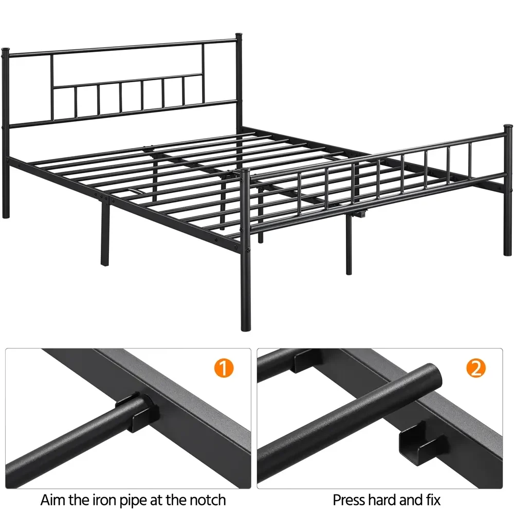 Metal Plataforma Cama com Eixo Cabeceira e Footboard, Rainha, Preto