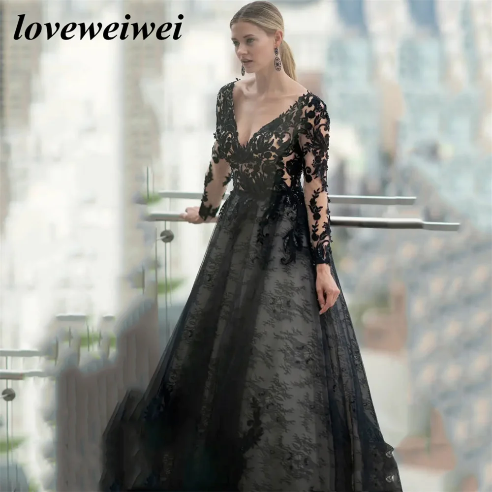 Gothic Black Lace Applique Wedding Dresses Sexy Backless A-line Evening Dress Deep V Neck Long Sleeves Bridal Gowns