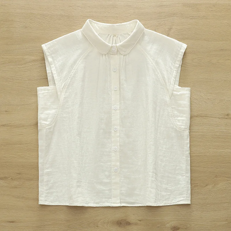ใหม่2025ฤดูร้อนผ้าฝ้ายเส้นด้ายเสื้อแขนกุดผู้หญิงTurn-Down Collar Solid, Moriสาวนุ่มเดินทางเสื้อหลวมๆสบายๆt54713CC