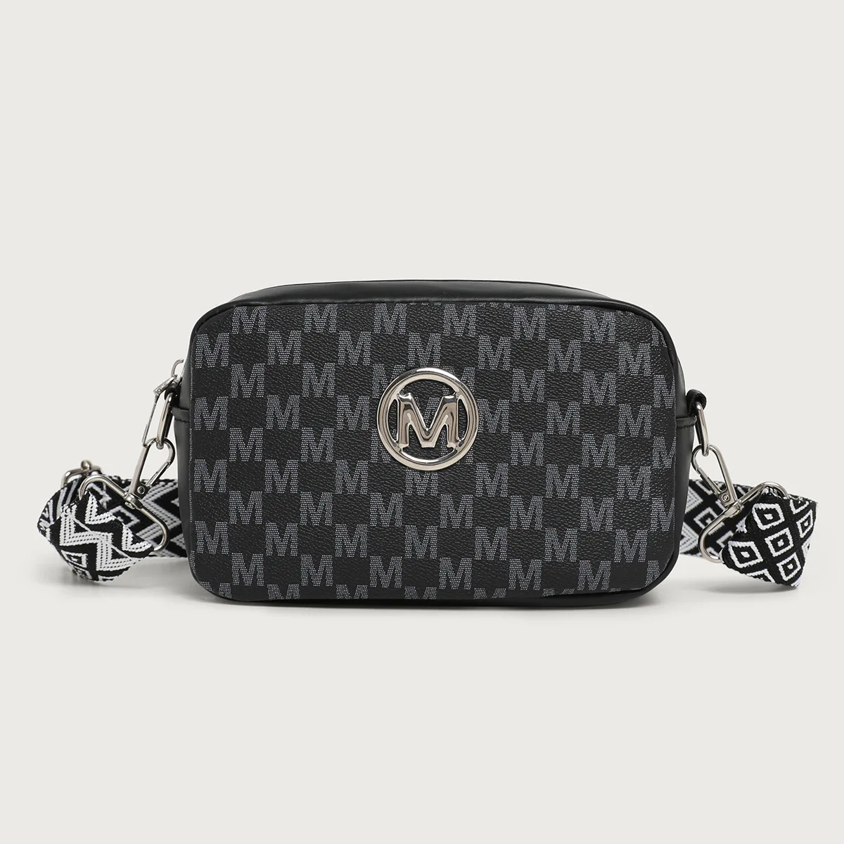 Damen-Umhängetasche im Retro-M-Muster-Design, stilvolle Damen-Umhängetasche, Handy-Geldbörse mit breitem Riemen für Damen, Arbeit, Party, Datum – Detail 8