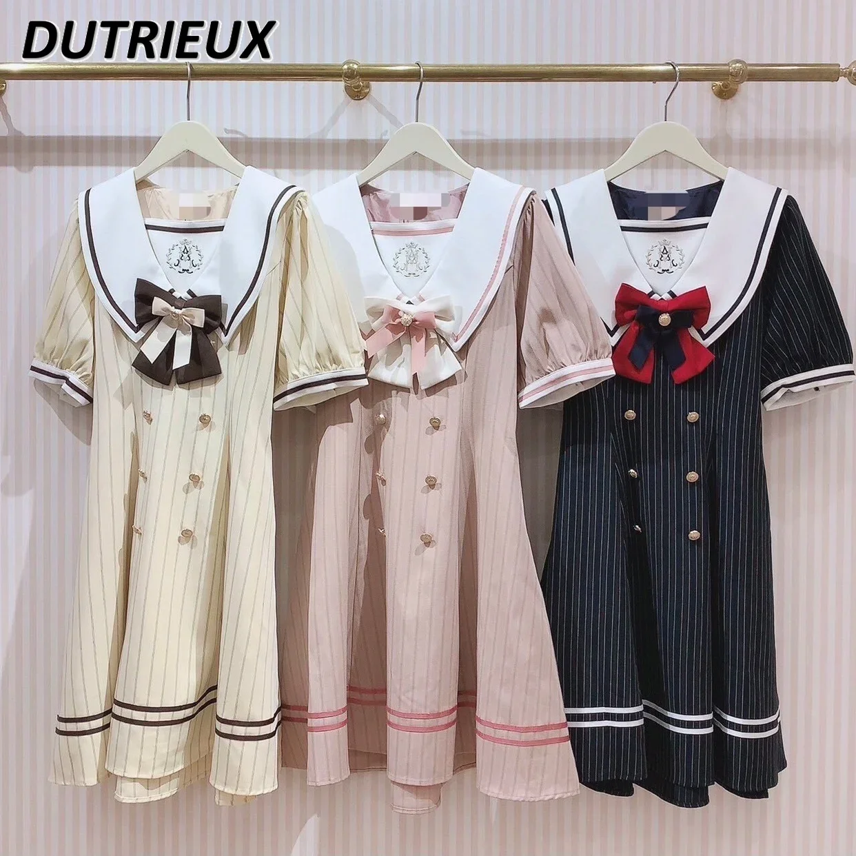 

Naval Preppy Style Vertical Stripes Sweet Bow Dress Female 2024 Summer New Short Sleeve Midi Dress Lolita Cute Student Dresses