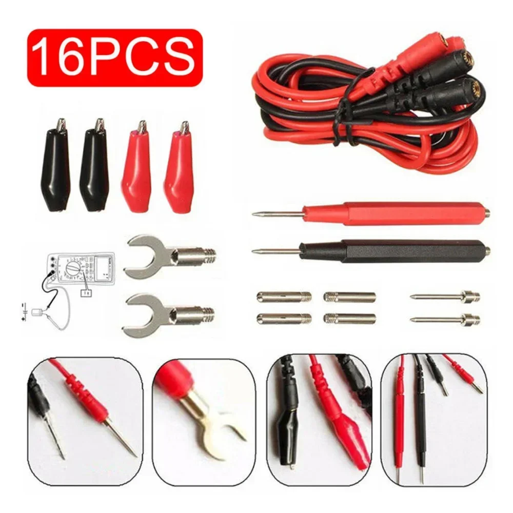 16 In 1 Digital Multimeter Probe Tips Wire Cable Test Leads &Alligator Clips Kit