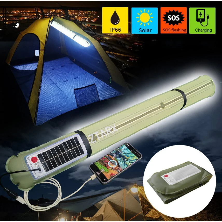 ZTARX LED Tube Light Inflatable Solar Camping Foldable USB Strip Lights For Outdoor Portable Travel Tent Lamp IP66 Waterproof