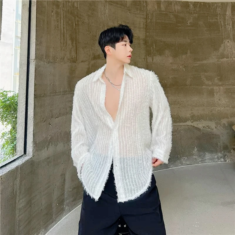 Trendy Sheer Mesh Shirt men for Music Festival 2026 Summer Loose Unisex Glitter Sexy Stage Top Star Shirt